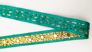 Dark Green Satin Ribbon Floral Cutwork Lace Trim Embellished with Real Mirrors and Kundan Beads, Decorative Trim, Trim By 3 Yards